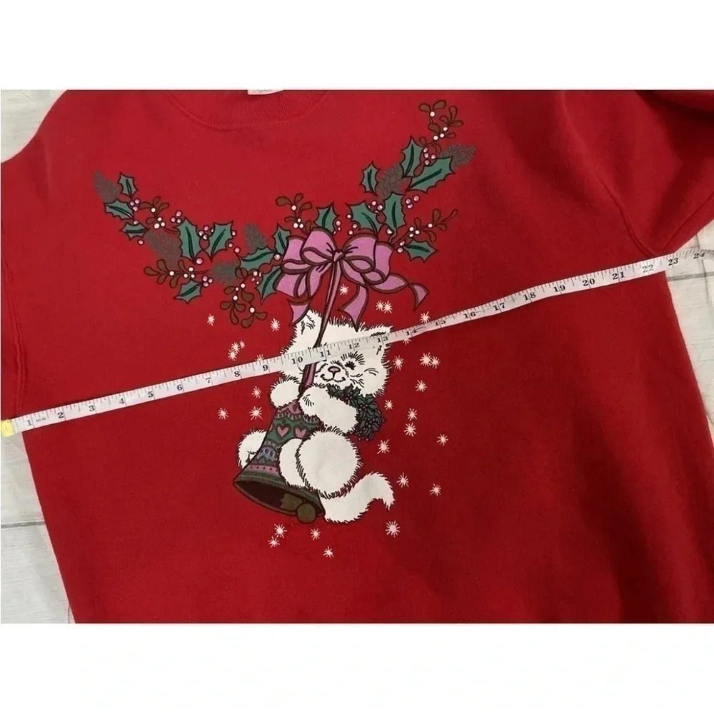 Vintage Fruit Of‎ The Loom Best Ugly Christmas Sweatshirt  Red Cat Belle size L - Picture 8 of 13